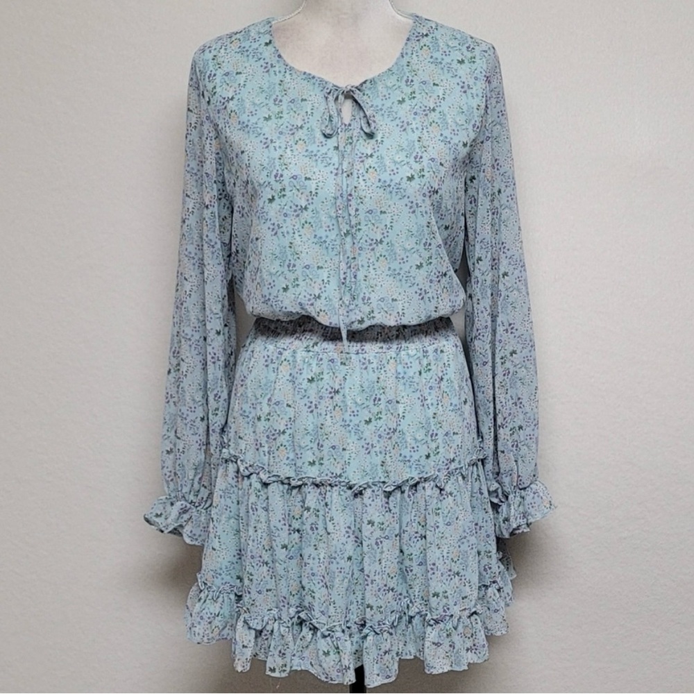 Lyn Burches Blue Ditsy Floral Tie-Neck Shirred Waist Ruffled Mini Dress
